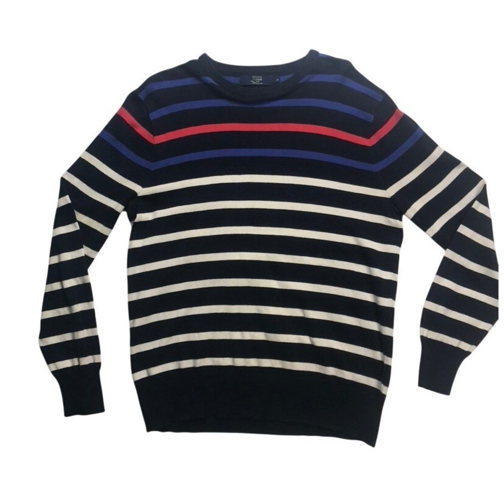 J Crew Mens Striped Crewneck Sweater Cotton Blue Red White Size Medium Preppy‎